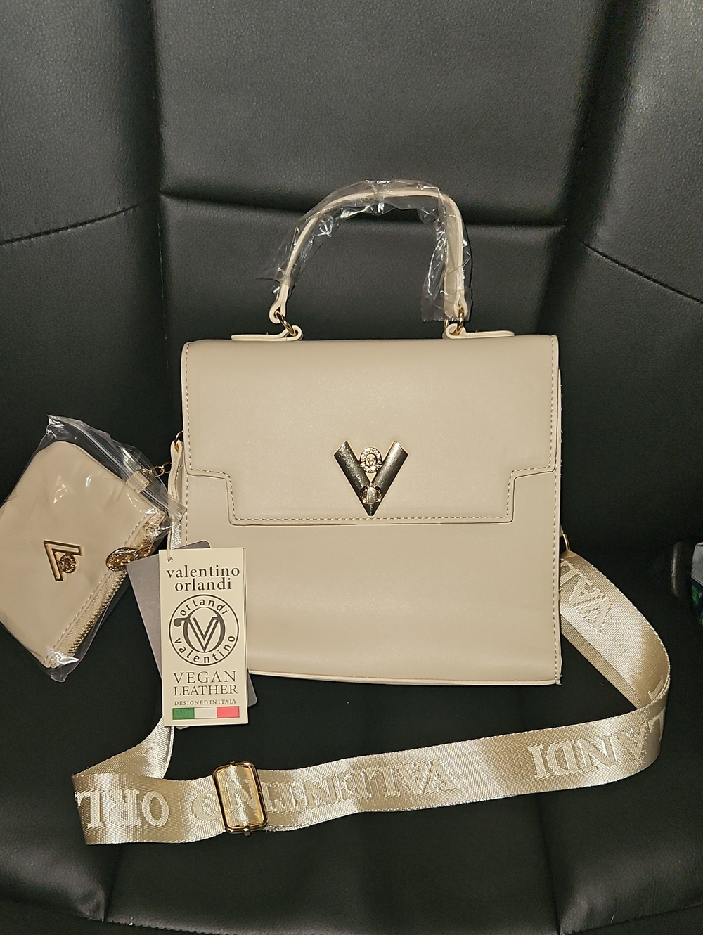 Valentino Orlandi Cream Vegan Leather Satchel with Branded Strap